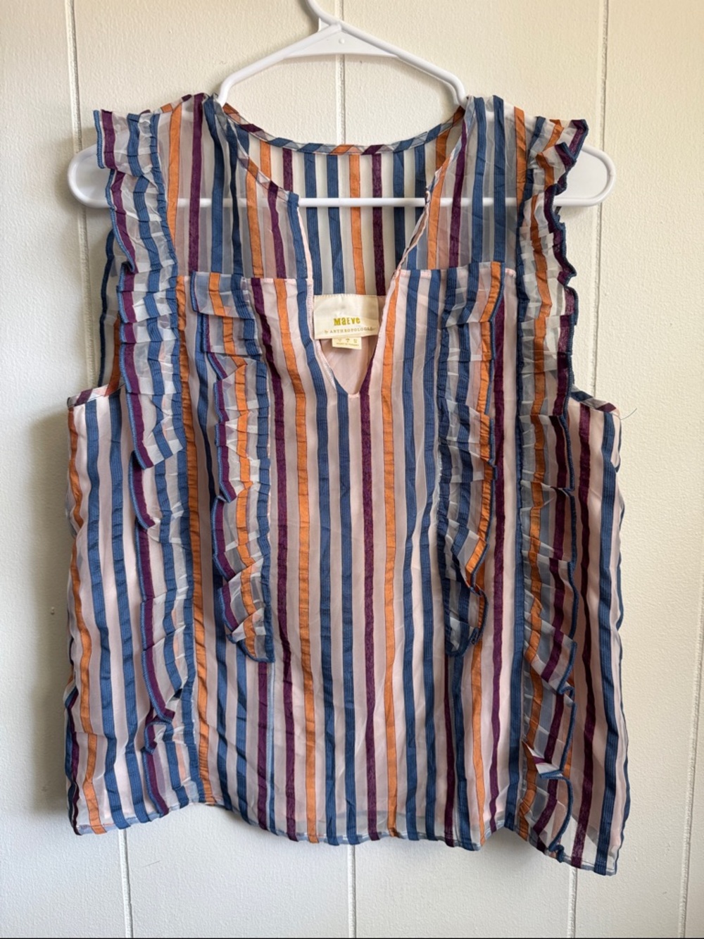 Maeve Multi-Stripe Ruffle V-Neck Sleeveless Top